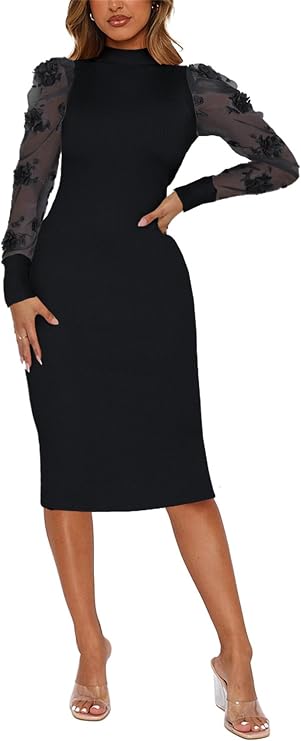 Women's Ribbed Bodycon Midi Dress Lace Long Sleeve Slim Fit Turtle Neck Sexy Party Clubwear