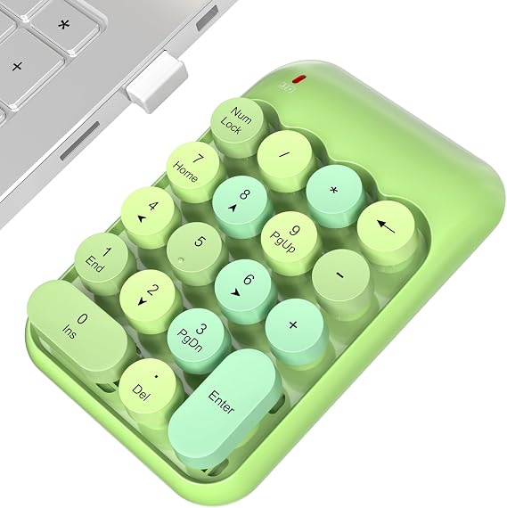 MOWUX Wireless Number Pads, Cute Colorful Numeric Keypad Numpad Portable 2.4 GHz Financial Accounting Number Keyboard Extensions, 18 Key Number Numpad for Laptop Desktop, PC (Green)