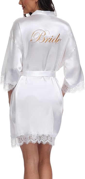 Women's Lace Silky Robes Sexy Kimono Bridal Bathrobe with Embroidery | Satin Lingerie Robe Wedding Day Getting Ready