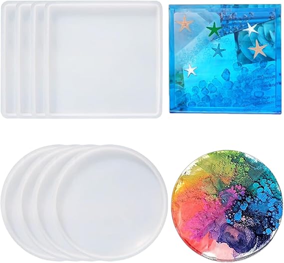 8PCS Resin Coaster Mould, Moulds for Resin Casting, Transparent Square and Round Coaster Resin Mould Resin Mold for Making Coasters