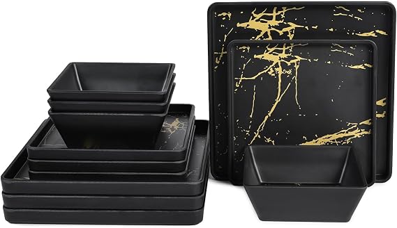 Melamine Dinnerware Sets - 12pcs Square Plates and Bowls Sets For 4, Indoor Outdoor Use, Dishwasher Safe, Black & Gold