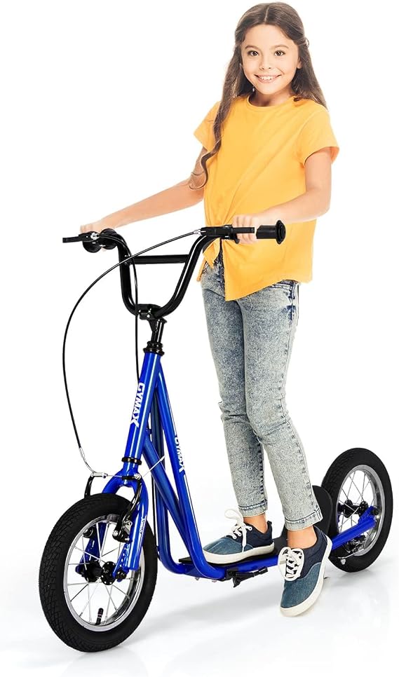 GYMAX Scooter, Kids & Adults Off-Road Scooter with 12" Inflatable Wheels, Adjustable Height Handlebar, V-Type Handbrakes & Axle Pegs for All Terrain, 8+