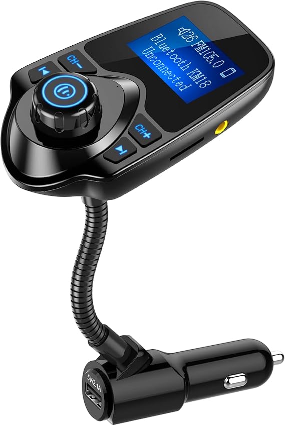 Nulaxy KM18 Bluetooth 5.4 Car Adapter with 1.44" Clear Display & Flexible Gooseneck - FM Radio Transmitter & Bluetooth Receiver for Hands-Free Calls, Wireless Music via BT/FM/AUX/TF, USB Car Charger