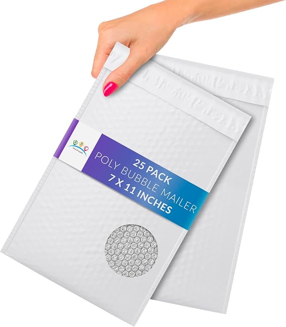 ABC PACK & SUPPLY Poly Bubble Mailers, 7 x 11 Inch. Pack of 25 White Padded Envelopes Self Seal. Tear-Proof Gift Bubble Envelopes. Waterproof Packaging for Small Business. Cushioning Book Mailers