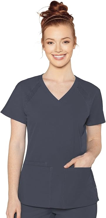 Med Couture Peaches Scrub Top for Women Raglan V-Neck 3 Pockets | 92% Polyester Blend, Moisture Wicking, 360 Stretch, Easy Care, Built for Active Nursing Shifts