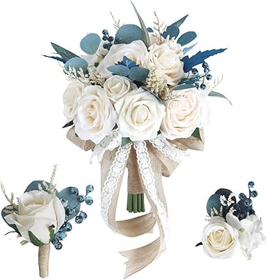 MOJUN Bride Bouquet Wrist Corsage Groom Boutonniere Set, Artificial Rose Wedding Flowers for Wedding Ceremony Anniversary Bridal Shower Party Home Decorations, Set of 3