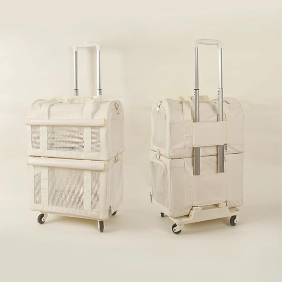 Double-Layer Rolling Pet Carrier for 2 Cats, Large Space Stackable Travel Bag with Mesh Windows and Removable Compartments for Travel, Hiking, Shopping (Beige)