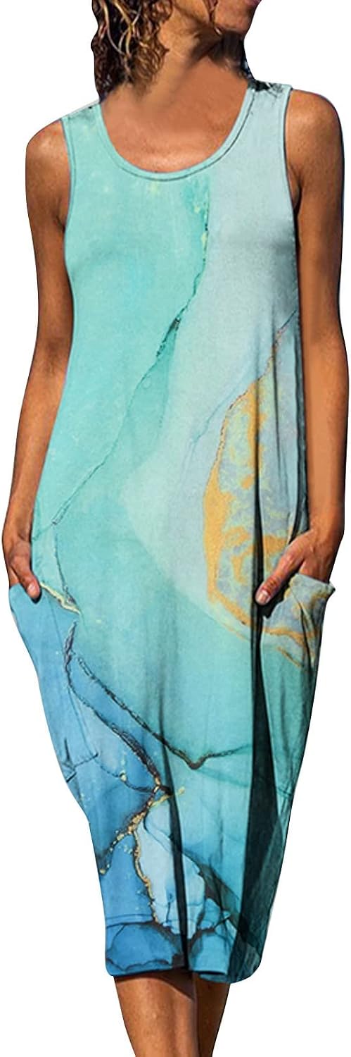 Women Summer Round Neck Casual Sleeveless Printed Swing Dress Sundress with Pockets Woman's Casual Dresses