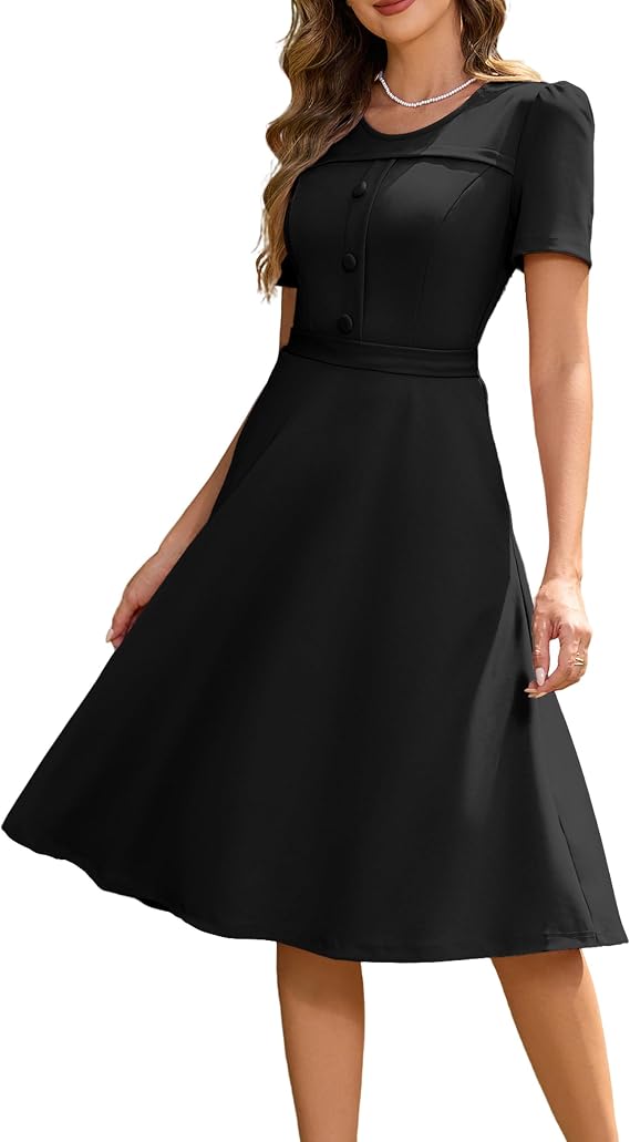 Wedtrend 1950's Vintage Dresses for Women Modest Church Dress with Pockets Short Sleeve Tea Party A-Line Cocktail Dresses