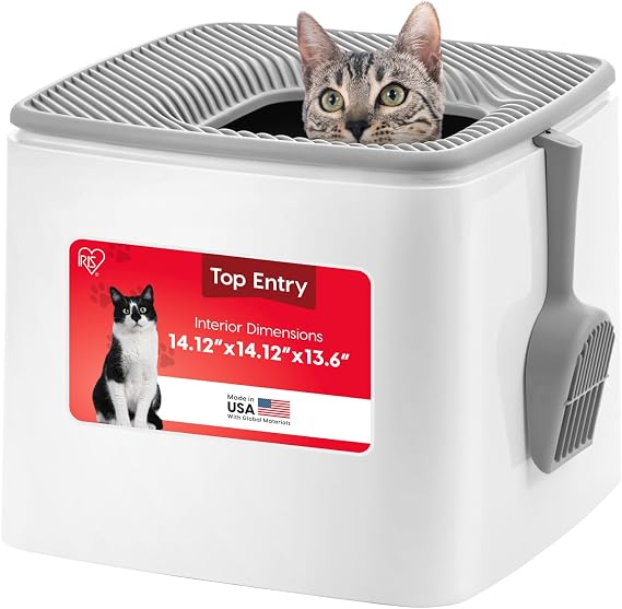 IRIS USA Large Top Entry Cat Litter Box, Hooded Privacy, White/Gray | Dog-Free Zone, Dog Proof Pan, Enclosed Top Access, Mess Containment System, Reduced Tracking, Odor Trapping