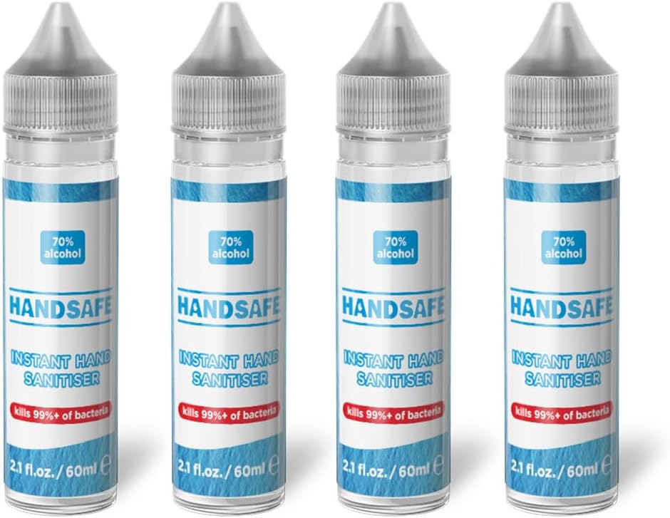 Handsafe - 4 x 60ml Hand Sanitiser Liquid Multipack, Kills 99.9%+ of Bacteria & Viruses, 70% Alcohol Based, Medical Grade, Anti Bacterial Fast Acting Formula