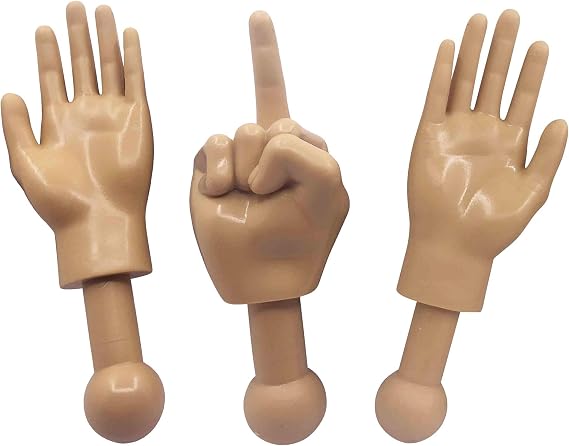 Tiny Hands 4.5-Inch Novelty Toys | Tan Left and Right + Middle Finger Hand | Plastic Puppets with Holding Sticks | Funny Gag Gifts, Figures for Imaginative Playtime