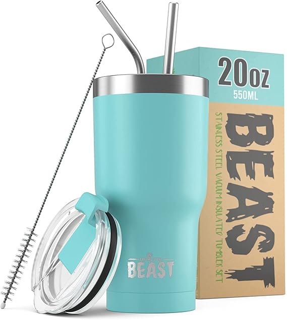 Greens Steel Beast 20 oz (550ml) Tumbler Stainless Steel Vacuum Insulated Coffee Cup Double Wall Travel Flask with Splash Proof Lid, 2 Straws &amp; Free Cleaning Brush (20oz, Aquamarine Blue)