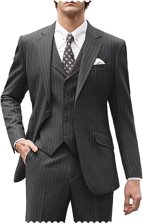 Men's Suits 3 Piece Pinstripe Tuxedo Suit for Wedding Groomsmen Slim Fit Formal Prom Tuxedo