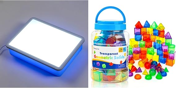 Odoorgames Bright LED Light Box - 16" - Light Table for Kids, 60 Pieces 3D Shapes for Teaching - Geometric Solids for Kids