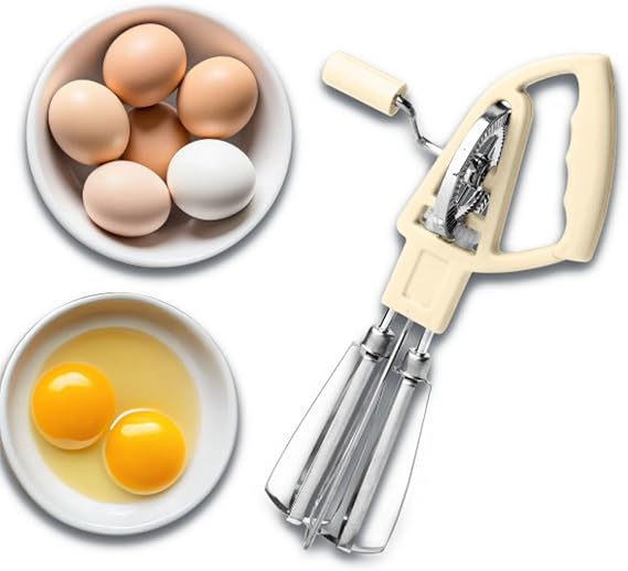 Rotary Egg Beater Manual Hand Crank Mixer - Stainless Steel Hand Mixer with Double Rotating Heads for Beating, Blending, and Whipping - Dishwasher Safe Kitchen Gadgets by Kings County Tools (Cream)