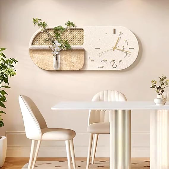 Sandstone 3D Wall Art Decor Clock, Decorative Wall Clock, Wall Hanging Clocks with Glass Vase, Silent Creative Wall Hanging Painting, for Living Room, Hallway(Beige,90x36cm/35.4x14.1in)