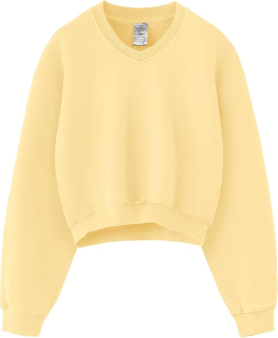 Hatant Cropped Sweatshirt for Women, V Neck Acid Wash Crop Pullover, Soft Fleece Long Sleeve Relaxed Fit Sweatshirt for Women