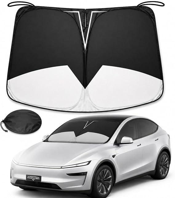 Double-Layer Windshield Sunshade for Tesla Model 3/Y, UV Heat Shield | Double-layer 240T fabric blocks 99% UV for Model 3/Y. Features a mirror slit & dual elastic straps for a secure, sag-free fit