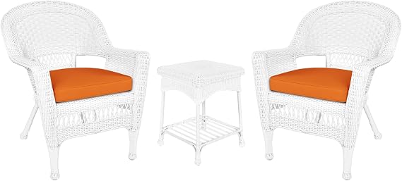 Jeco 3 Piece Wicker Conversation Set in White with Orange Cushions