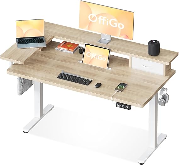 OffiGo Standing Desk with Drawers & Monitor Stand, USB Port, 120cm Beige | Electric Height Adjustable Sit Stand Desk with Storage, Ergonomic Computer Workstation for Home Office, Study and Bedroom