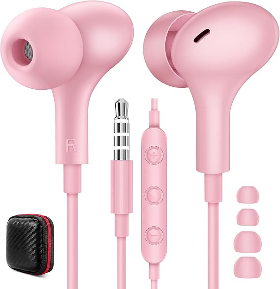 3.5mm Wired Earbuds Headphones with Mic for School Airplane Students Pink | Noise Canceling High Sound Quality 3.5mm Jack Earphones Tablets Computer Laptop for iPod/iPad for MP3/MP4/iPhone 6 5S Pink