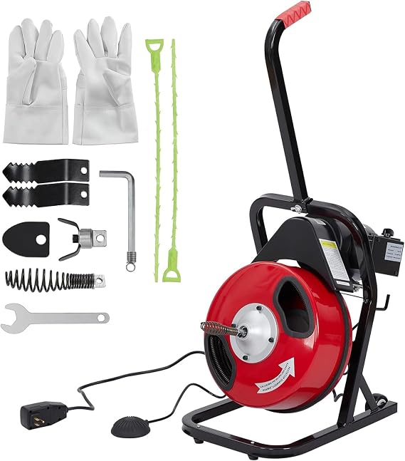 Acekool 50Ft X 1/2 Inch Drain Cleaner Machine, Drain Cleaning Machine for 1 to 4 Inch Pipes, Auto Feed, Sewer Snake Electric Drain Auger Cleaner with Foot Switch, Protective Gloves, 4 Cutter Blades