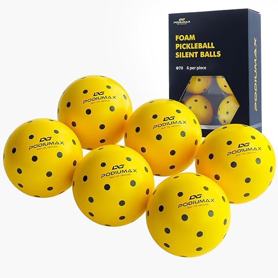 PodiuMax Quiet Pickleballs, 6-Pack Foam Balls for Indoor Practice | 50% Quieter than Traditional Balls, Wear-Resistant PU for All Ground Surfaces, Play Anywhere, Anytime