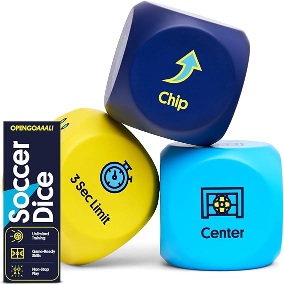 Open Goaaal Soccer Training Dice Game, 3 Dice and Guide | 200+ drill combinations; skill challenges for solo practice, teams and soccer gifts for kids