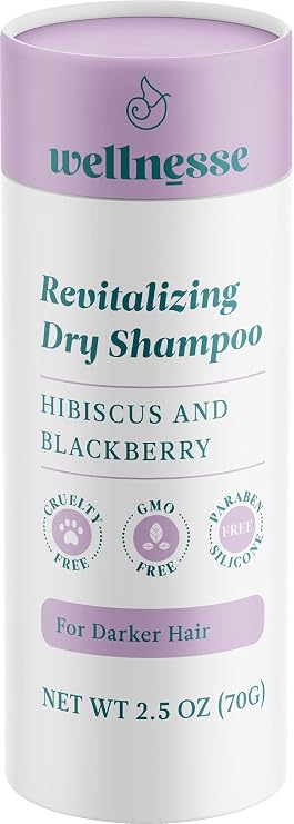 Wellnesse: Revitalizing Dry Shampoo - Volumizing Powder - For Darker Hair - 2.5 oz - Hibiscus and Blackberry - Daily pH Balance & Hair Growth Support - Cruelty-Free, Non-GMO, No Parabens