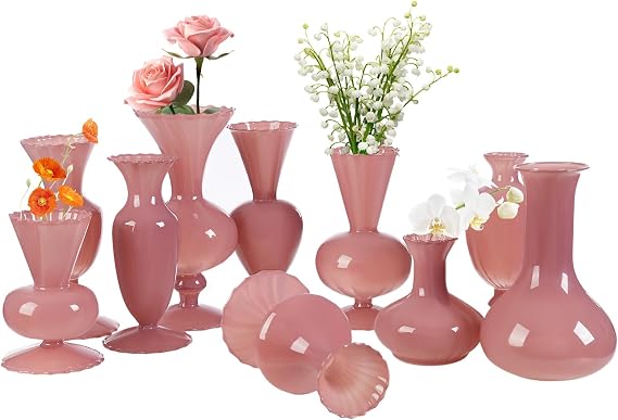 Mini Glass Vases for Centerpieces, Set of 10 Cute Decorative Glass Vase for Wedding Party, Event, Home Office Decor, Boho Style (Pink)