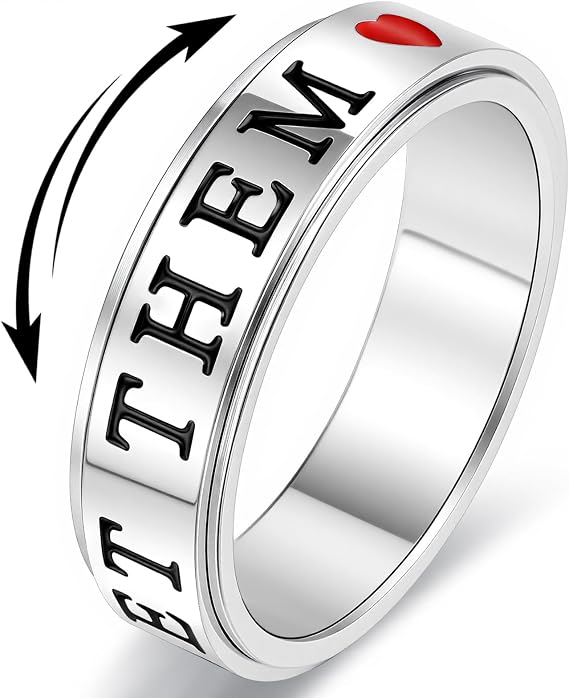 Fidget Toys Adults Anxiety Ring for Women: Fidget Spinner Cute Let Them Symbol Thumb Ring Stainless Steel Gold Silver Black Size 5 6 7 8 9 10 (Silver-LET Them & Heart, 9)