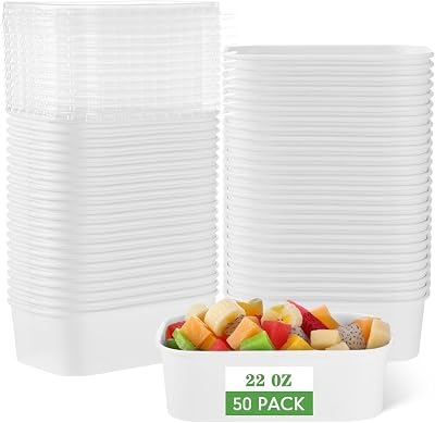 Maxdot 50 Pack Disposable Food Containers with Lids Paper Food Containers Bowls for Meal Prep, Salad, Ice Cream, Yogurt, Soup Bowls Party Leftover BoxWhite,22 oz