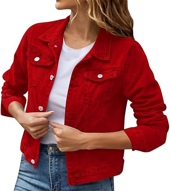 Denim Jacket for Women,2025 Fall Trendy Casual Stretchy Long Sleeve Button Down Cropped Shackets Jean Jackets