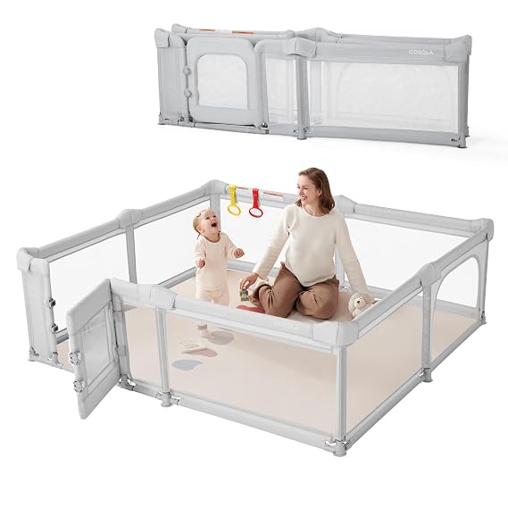 Foldable Baby Playpen for Toddlers & Babies, Large Play Yard, 79"x71" Extra Large Safety Playpen for Indoor Outdoor, Anti-Escape Dual Door Play Pen for Infants,Grey