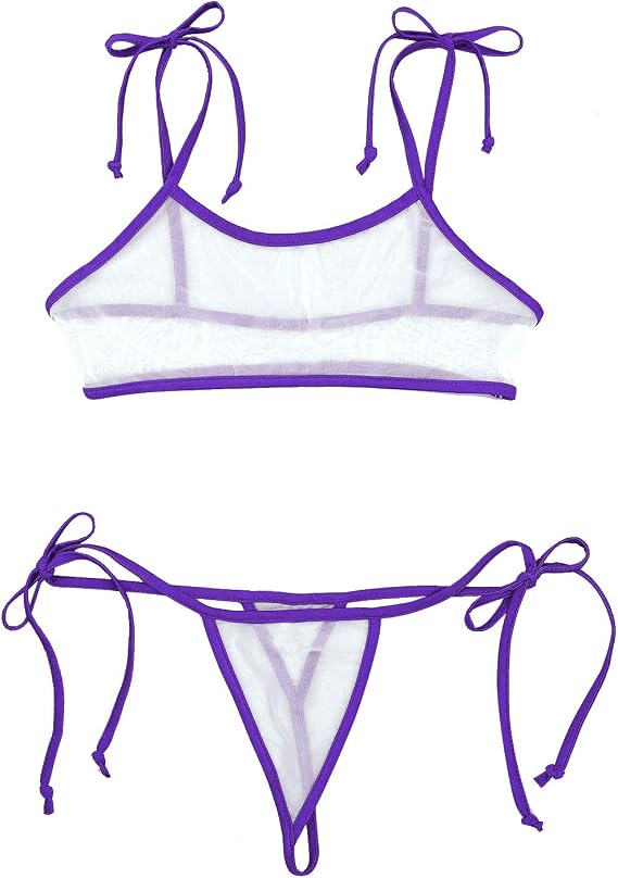 FEESHOW Women's Mesh Sheer See Through Bikini Lingerie Strappy Micro Bra Top and Panty Sets