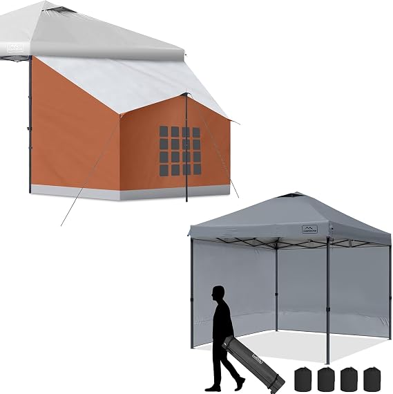 KAMPKEEPER Side Tent (Orange) and 10x10 Pop Up Canopy Tent with 2 Sidewalls(Grey) for Sun Shade, Camping, Beach, Patio and Backyard Events