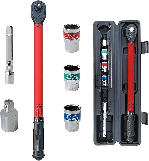 1/2" Drive Torque Wrench Set, 6Pcs Car Wheel Torque Wrench 20-230Nm | 3/8''Adapter Dual-Direction Adjustable 72 Tooth 125mm Extension Bar &amp; 17 19 21mm Sockets for Car Motorcycle Truck ±3%Accuracy
