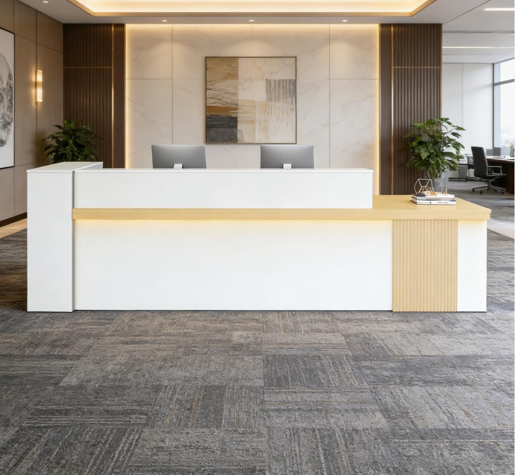 71" Reception Desk with Drawer,Open Shelves, Keybord Tray, LED, Large Front Desk Reception Counter Table for Office, Salon, Lobby, Checkout (Maple + White/Right-hand, 71" L × 24" W × 39" H)