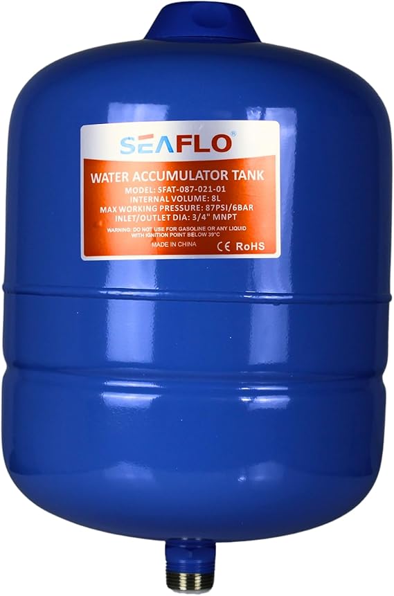 SEAFLO 2 Gallon Pre-Pressurized Accumulator Expansion Tank Reduces Pump Cycling, Smooth Water Flow, 87 PSI, 3/4" MNPT, Compact Design for RV, Marine, Boat & Off-Grid Systems