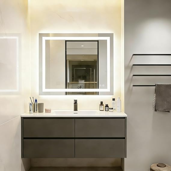 LED Bathroom Mirror with Front Light and Backlit, 30x36 Inch Rectangle Anti-Fog Wall Mounted Vanity Mirror, 3 Colors Light Dimmable Memory Makeup Mirror with Touch Switch