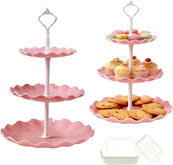 3 Tiers Cake Display Stand, 2PCS Party Server Plates Stands with 30 Dinner Plates, Reusable Afternoon Tea Stands for Baptism Baby Birth Blue Communion Wedding Graduation(Pink)