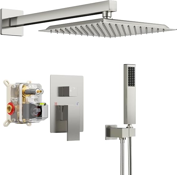 Square Rainfall Shower Head and Handle Set, 10 inch Wall Mounted Bathroom Shower Fixtures, Brushed Nickel Metal Mixer Shower Faucet with Handheld Spray (With Pressure Balanced Shower Valve)