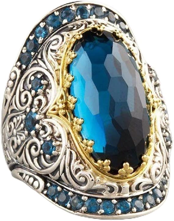 KOICCVQQ Sterling Silver 18K Gold Carve Pattern Set Topaz Gem Ring Handmade Polishing Originality Luxury Aristocrat Natural Gem Trinket Ring Charming Temperament Defense Durable Ring Size 9