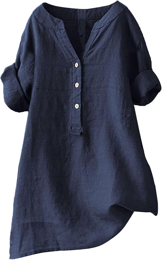 Linen Shirts for Women - Short Sleeve Cotton Linen Shirts Plus Size Button V Neck Dressy Blouses Summer Fashion Tops