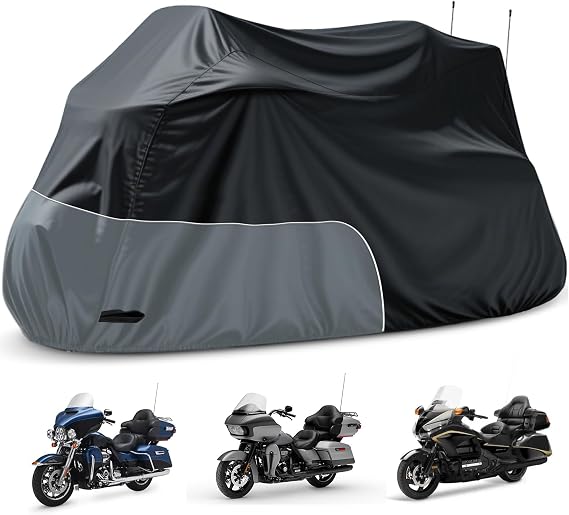 Motorcycle Cover Heavy Duty 300D Waterproof for Touring Ultra | Fits for Harley Davidson Ultra Ltd, Road Glide Ltd, Honda Goldwing, BMW, Indian Motorcycle Accessories, 110 Inch Black/Grey