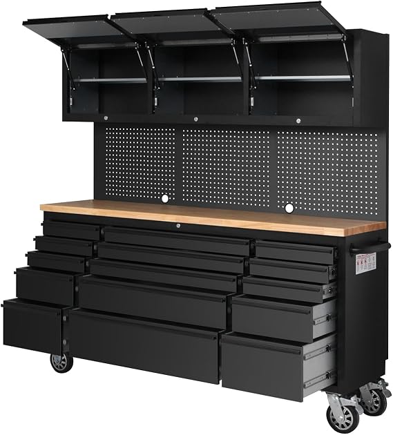 Elementool 72'' Rolling Tool Chest with 15 Drawers and Wheels, Heavy-Duty Tool Cabinet, Mobile Workbench for Garage, Repair Shop and Tool Room, Black