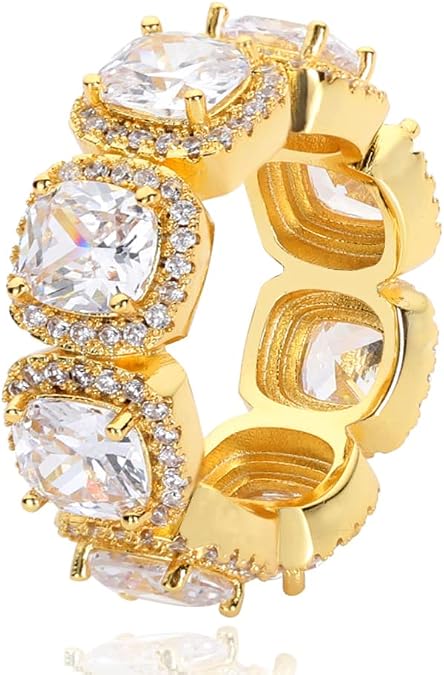 Apzzic 8mm Cuban Link Ring Gold Plated Bling 1 Row Iced Out Square Tennis Ring CZ Diamond Hip Hop Engagement Ring for Women Men