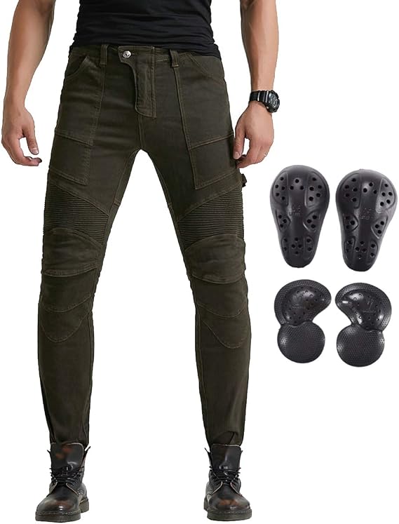 Takuey Men Motorcycle Riding Jeans Cycling Racing Pants with 4 X Knee Hip Protector Pads
