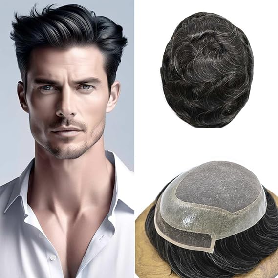 Men's Toupee Durable Fine Mono French lace Toupee Hair for Men Poly Coating Hair Replacement System for Men6X8-120% medium light to medium density#1B10 1B# OFF BLACK+10% GREY